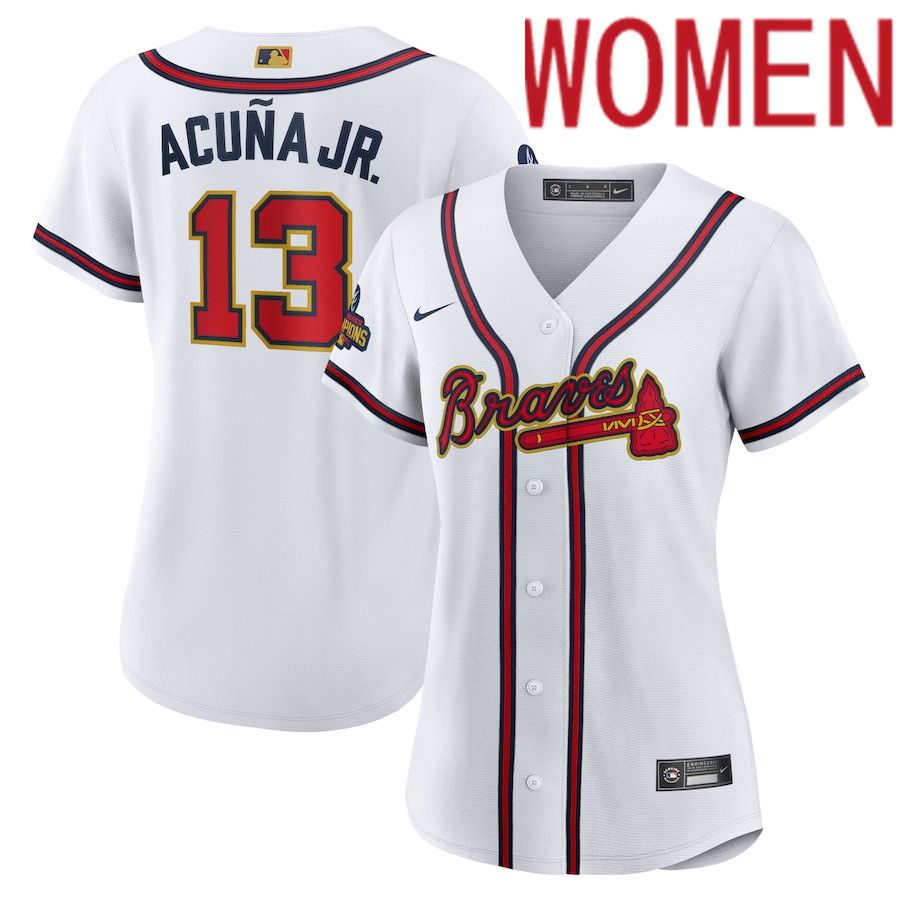 Women Atlanta Braves #13 Ronald Acuna Jr. Nike White 2022 Gold Program Replica Player MLB Jersey